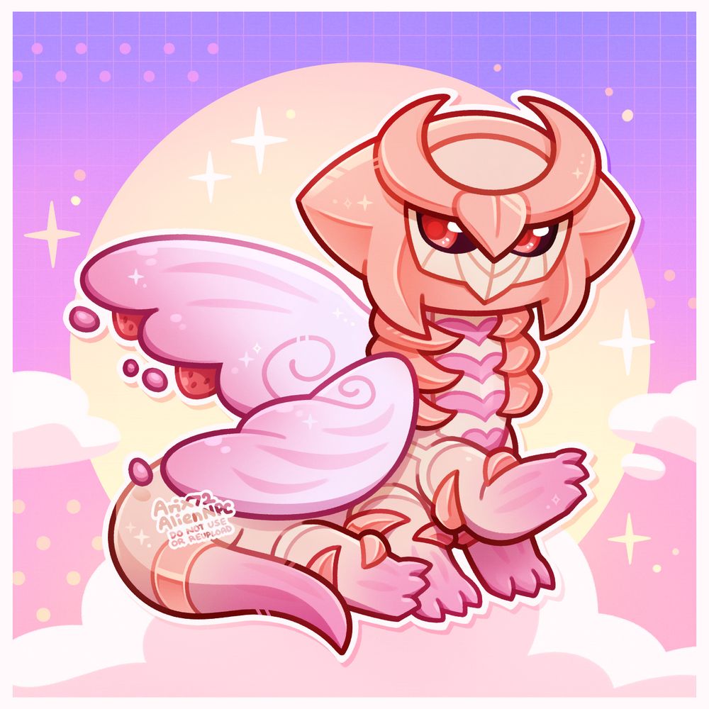 A chibi-styled art of a pokemon fusion between Giratina and Alcremie! They're posed sitting down with one (right) claw held up. The background is a multi-gradient of purple and pinks with light pink grid as well as purple, pink and yellow dots. There's also a yellow circle behind them and sparkles around them too! And they're also sitting on a fluffy clouds with smaller clouds nearby.