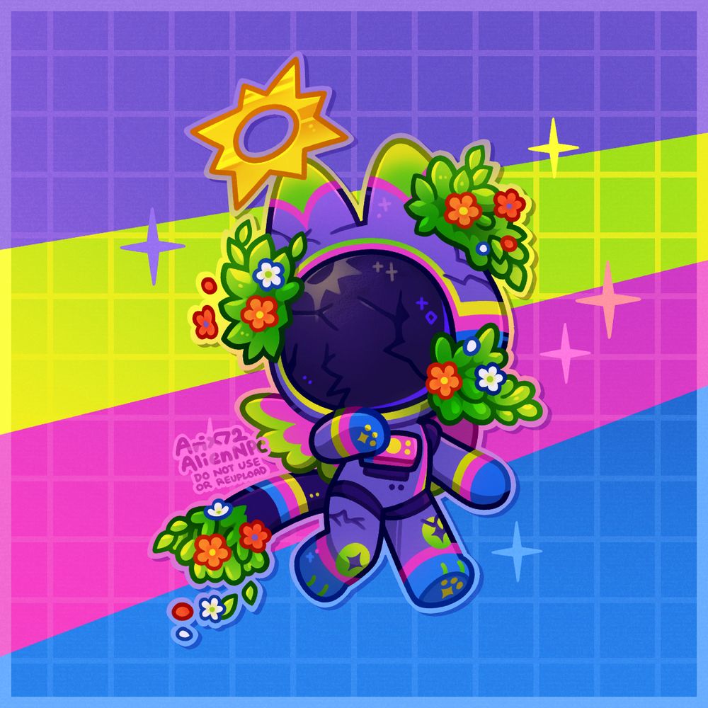A brightly coloured chibi character owned by AFickleBirdie (in Art Fight)! The winged cupid cat is wearing a brightly-coloured spacesuit with greenery bursting out of their suit. They're posed with one paw up in a floating background of purple, green, pink and blues with sparkles around them.