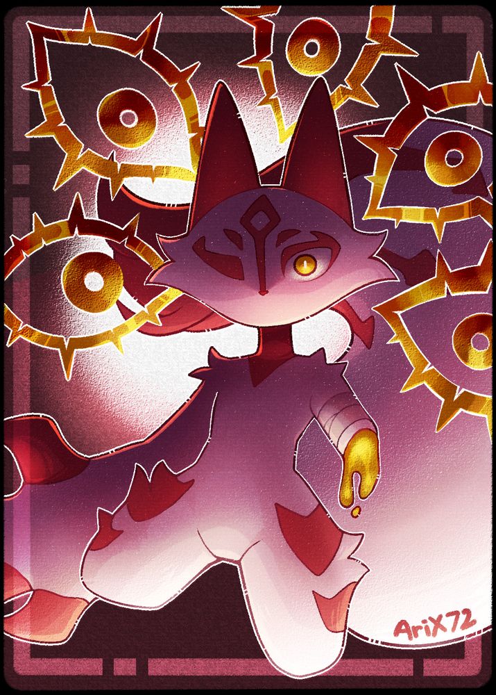 A kitsune character with golden blood coming from their severed left arm. There are halos that are depicted as eyes surrounding their head. They're posed menacingly with one eye open and staring at the viewer. There is also lighting coming from below.