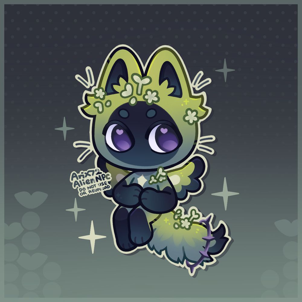 A sweet baby owned by ForeverFrosty (in Artfight, Bluesky, Deviantart and Toyhouse)! They're sitting with their paws together whilst looking at the viewer with an unknown expression on their face. Is it shyness or mischievousness? >:D
They're also in a gradient background of light grey and muted green with pokka dots and bigger dots with a leaf design at the end. The characer is also surrounded with a few sparkles!