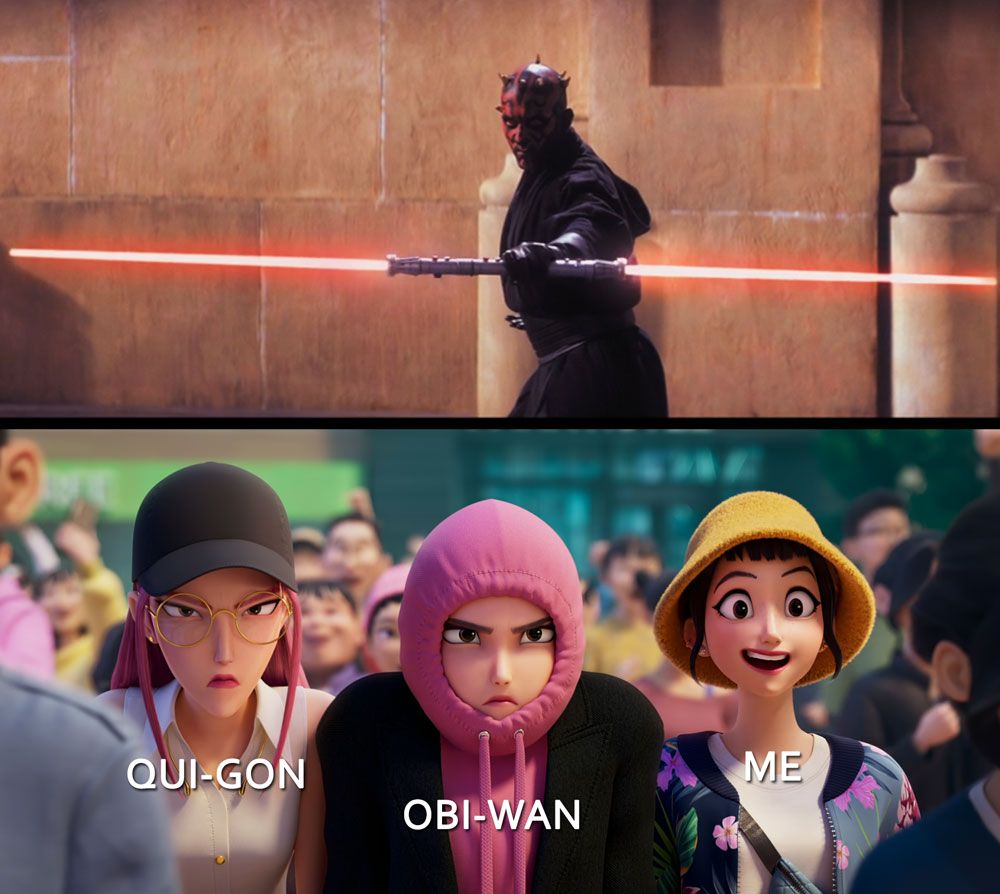 A meme depicting three animated characters looking at the live-action Star Wars character Darth Maul. Two of the animated characters are frowning in disapproval, while the third smiles. The two frowning characters are labeled "Qui-Gon" and "Obi-Wan." The smiling character is labeled "Me."