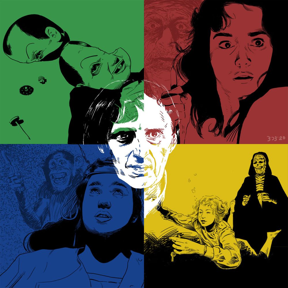 Illustrations in four boxes with a an illustration of Dario Argento at the center. The upper left image is of a broken puppet from Deep Red on a green background. The upper right image is of the character Suzy from Suspiria on a red background. The lower left is an image of Jennifer from Phenomena on a blue background. The lower right is an image of Death and Rose from Inferno on a yellow background.