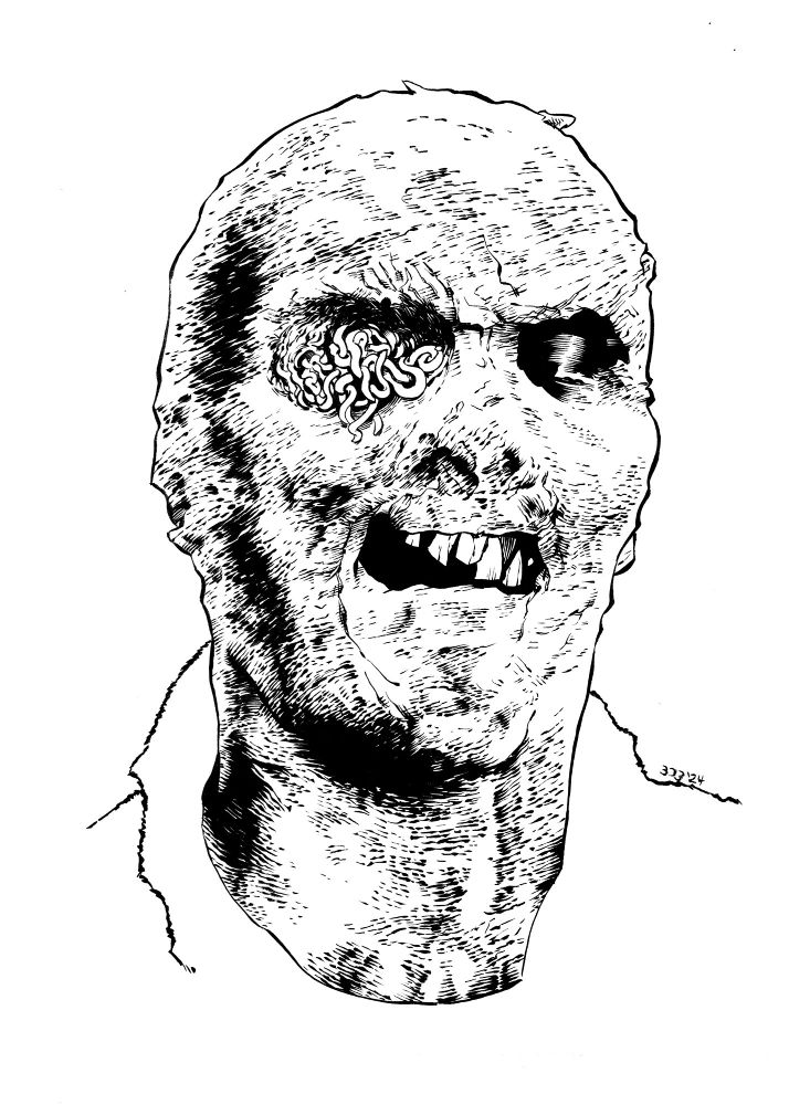 A black and white illustration of a zombie, with worms in one eye socket.