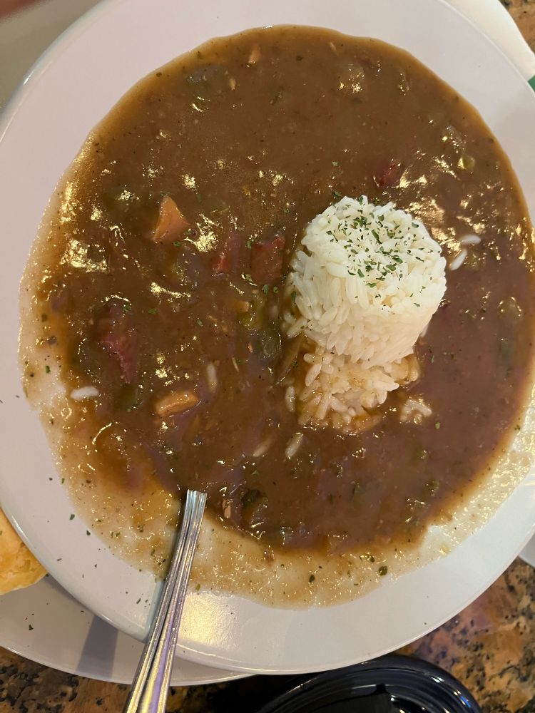 Bowl of gumbo with rice. Biscuit and diner mug are visible. 