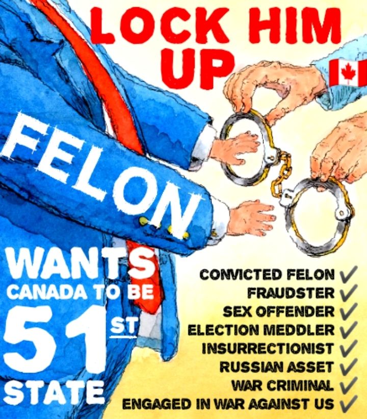 Canada sliding handcuffs onto Trump's outstretched hands under the caption "LOCK HIM UP".