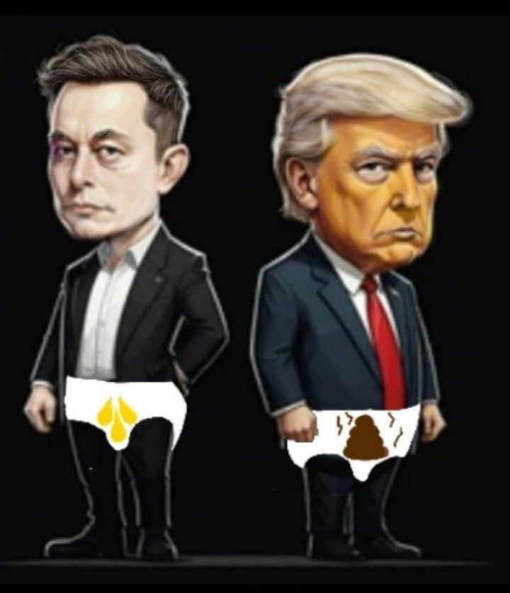 Elon Musk wearing a pee soaked diaper and Trump wearing a poo filled diaper.