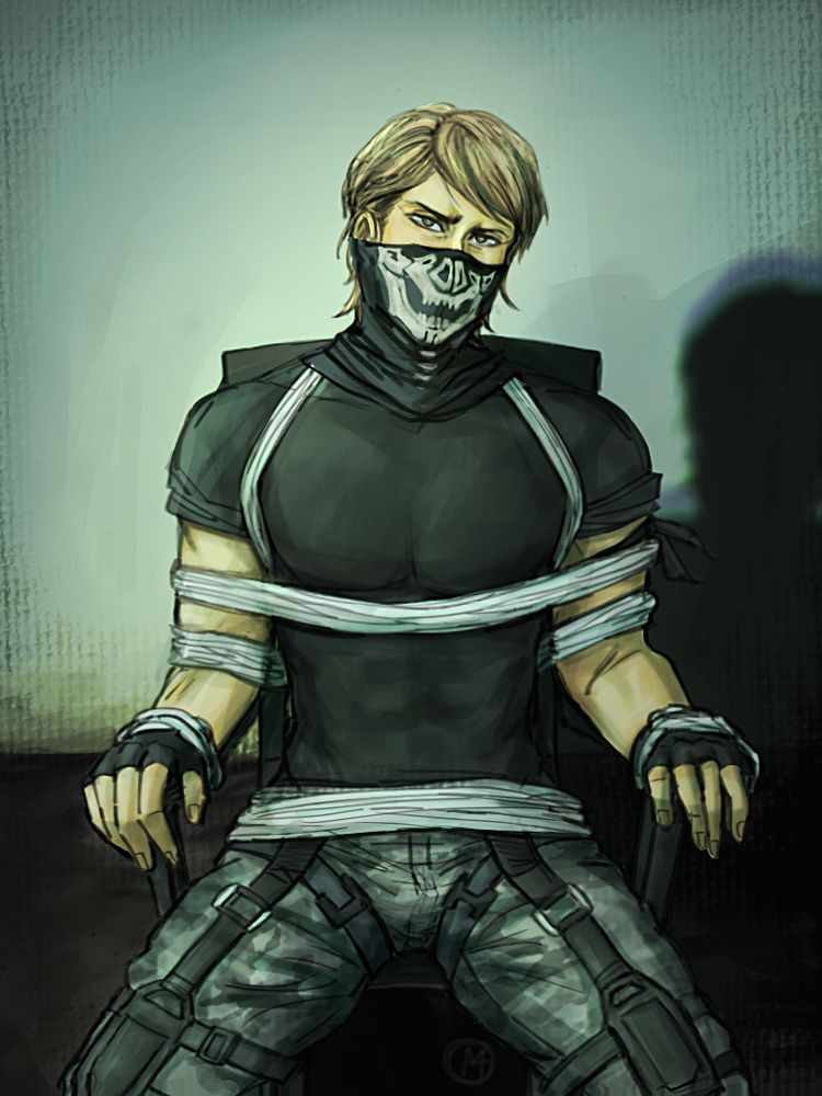 Jean Kirstein from Attack on Titan in a battling uniform with a skull mask covering down from his nose. In this picture he was tied up in a chair.