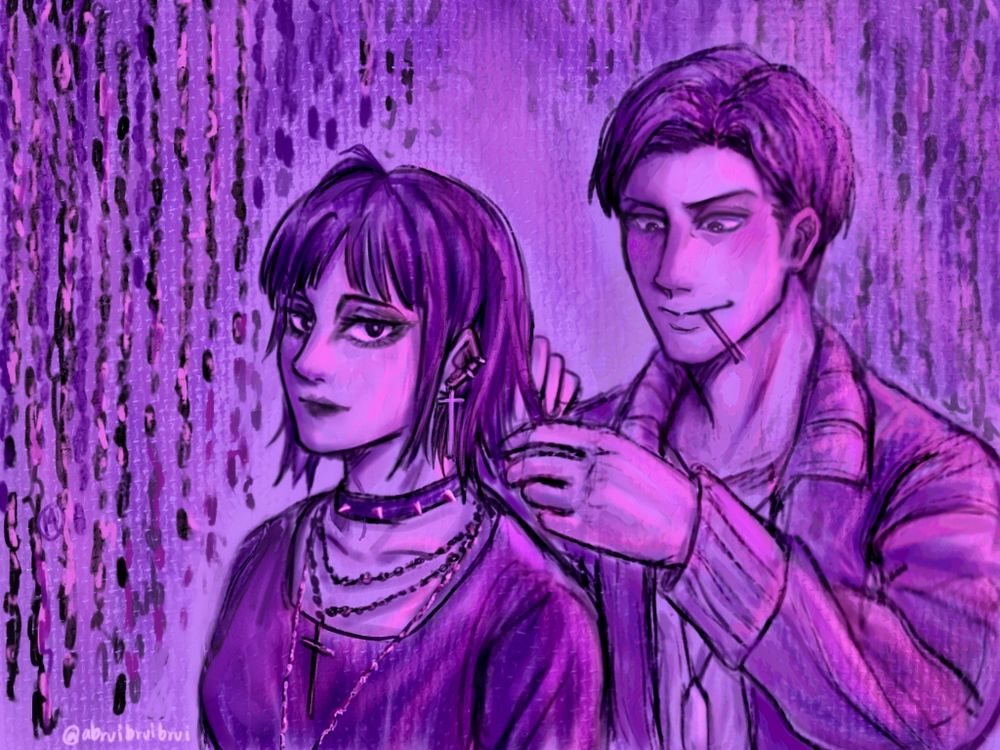 Highschool​ caste Mikasa​ and Jean from​ Attack​ on​ titan, Jean is doing​ her hair, both in purple​ violet canvas
