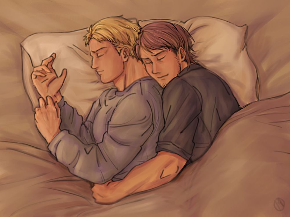 Jean Kirstein and Reiner Braun from Attack on titan. In this picture, Jean and Reiner are sleeping on the same bed comfortably. Jean his holding Reiner’s waist as he nuzzling with his neck.