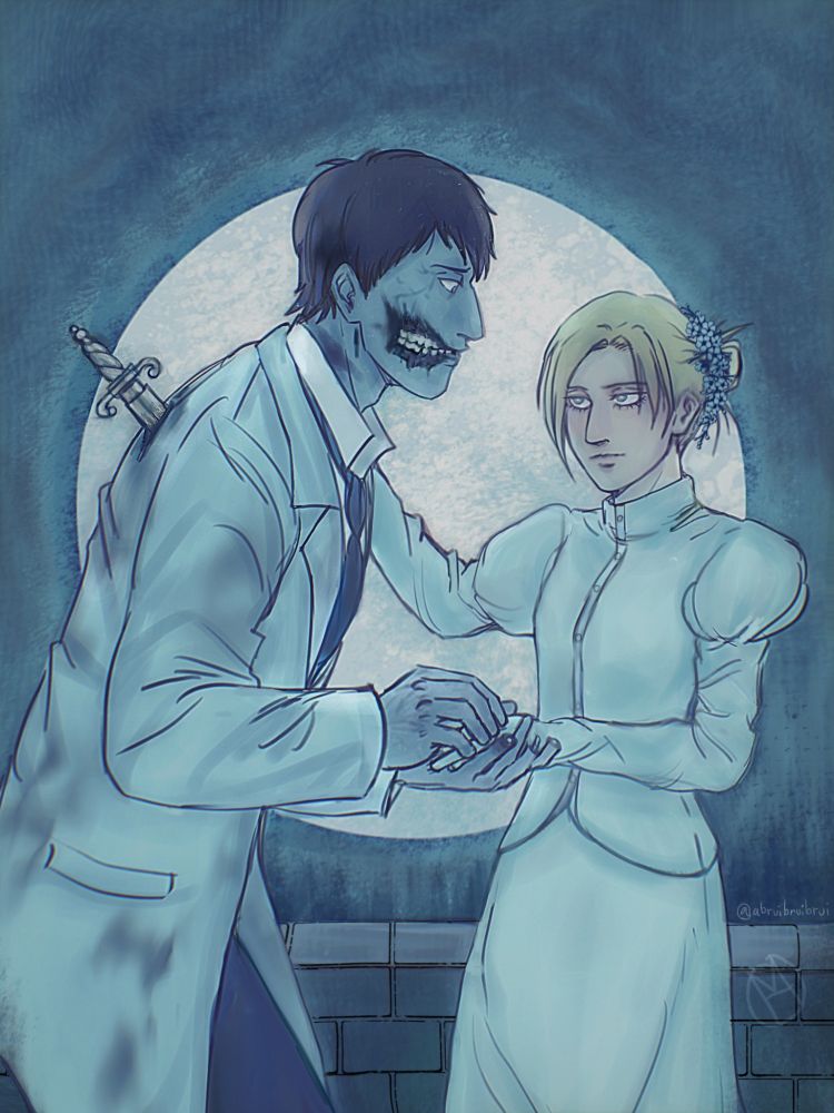 Bertholdt as a dead groom holding Annie's hand as a bride. They both are staring at each other under the moonlight. Parody of Corpse bride.
