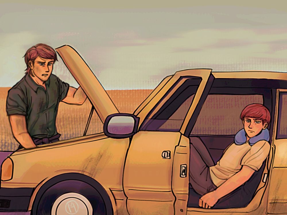 Jean Kirstein and Floch Forster from Attack on titan on a road trip together. Their car broke down and Jean opened the car hood to fix it while Floch is just sitting in the car, frowning.
