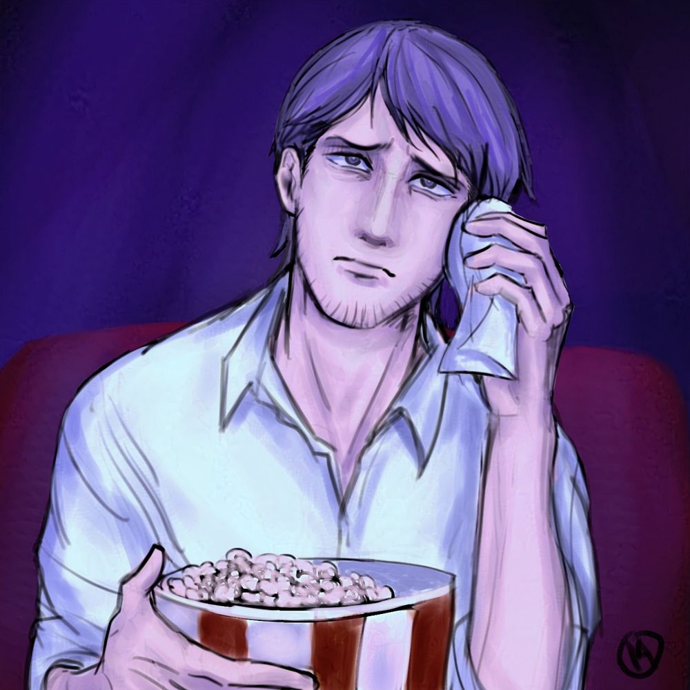 Jean​ Kirstein​ wiping his tears with a napkin  while​ watching​ Attack​ on​ Titan​ the movie, popcorn​ in his hand