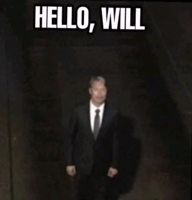 A very low quality picture of Mads from a distance, with the text "Hello, Will"