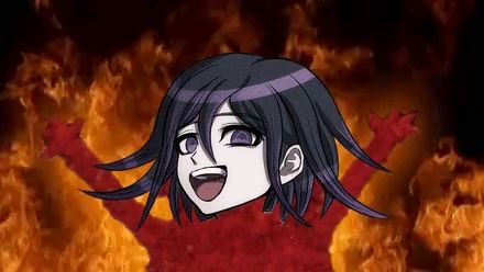 a cartoon character with purple eyes and purple hair is surrounded by flames