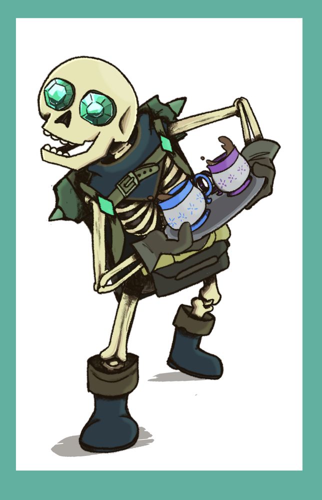 A drawing of the skeleton character from Dragon Age The Veilguard, he has green jewel eyes, a blue scarf and boots, gloves and a large rucksack. He is holding a tray with two cups of tea - one with a blue rim and flowers, the other a purple rim and flowers. The tea is spilling a bit but he is smiling with barely contained delight. The image has a teal border