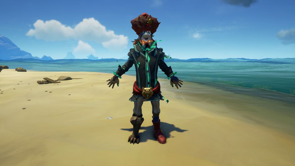 A ridiculous looking pirate stands on a beach in the game Sea of Thieves. He's wearing a motley outfit, with a red boot and a clawed griffon pegleg, striped pants, a red sash belt with a golden bear buckle, a ghostly green jacket, an array of rings on both fingers. On his face, crab shells are knotted into his beard, his face is painted white with badly applied lipstick, over one eye his skin has gone all shark like and his eyes have turned green, with one eye exposed through an eyepatch with a hole on it. Upon his head is a huge red poofy hat.