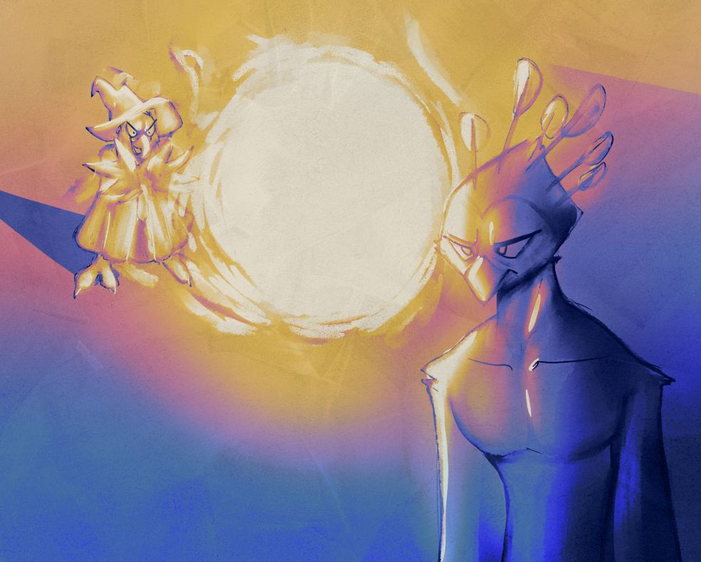 Argus, a peacock, standing in the foreground looking grumpy and resigned while in the process of getting a massive fireball thrown at him by Ten 'DA WIZZBIRBBB' Ka, a cockatiel. 