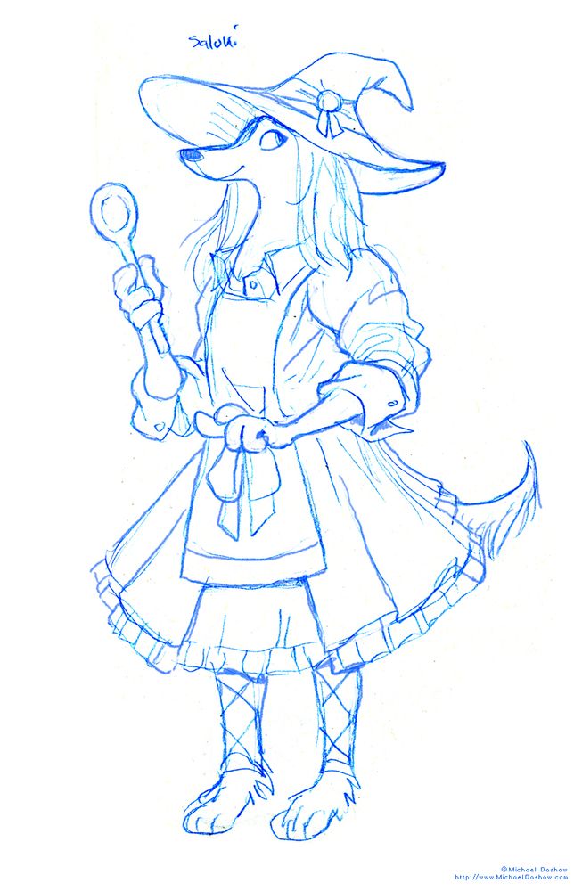 A blue pencil drawing of a saluki (that's a dog breed) standing on 2 legs and wearing a cute dress and a witch's hat and an apron. She's holding a spoon. She looks friendly and pleasant.