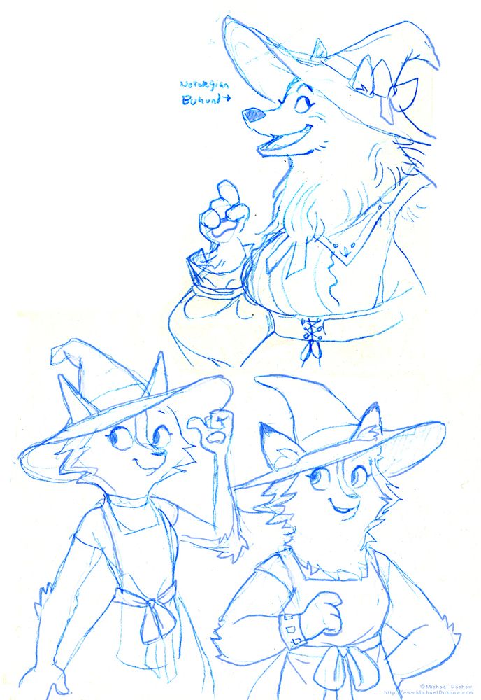 Blue pencil line drawings of a few different dogs: - a Norwegian Buhund wearing a cute dress with a collar and a witch's hat with a bow - and two that look a little more like wolves wearing aprons over tee shirts. All look happy and friendly. 