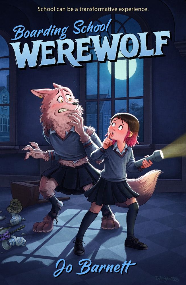 In a dark nighttime hallway with huge arched windows, a girl and a werewolf (also a girl) are sneaking around. Both are wearing school uniforms, although the werewolf's has ripped a bit from her transformation. She has just knocked over a small table and broken a vase and the girl is shushing her. Through one of the large windows, we see more school buildings and a full moon.
The book cover title is "Boarding School Werewolf" by Jo Barnett. At the top of the cover, it says "School can be a transformative experience."