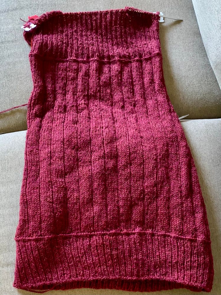 Back view of knitted vest in red yarn