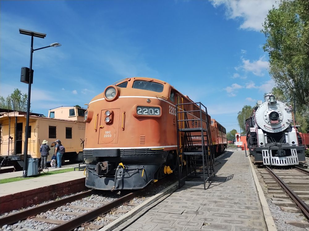 Ferrocarril Sonora–Baja California No. 2203, an EMD FT locomotive that was bought used by the company in 1980.

This locomotive was actually running at the time of my visit, though it wasn't moving.