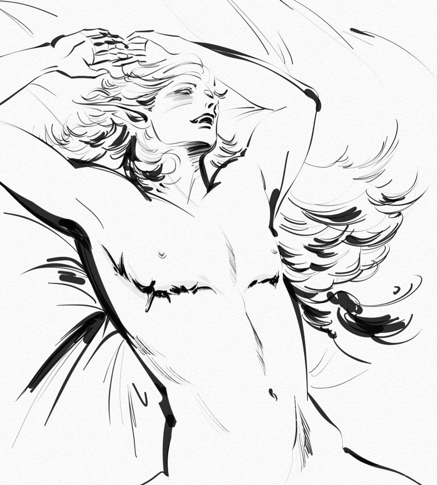 B&W drawing, blonde elf with top surgery scars 