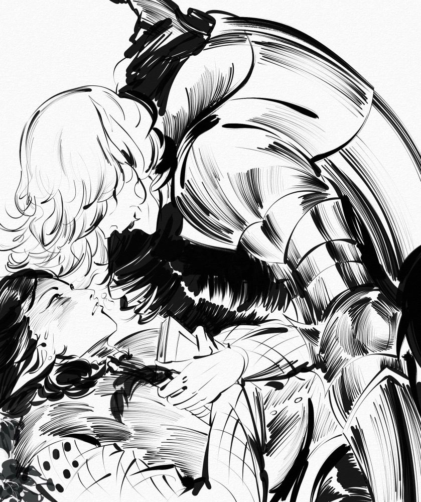 B&W drawing, knight coming on to a young noble ^__^
