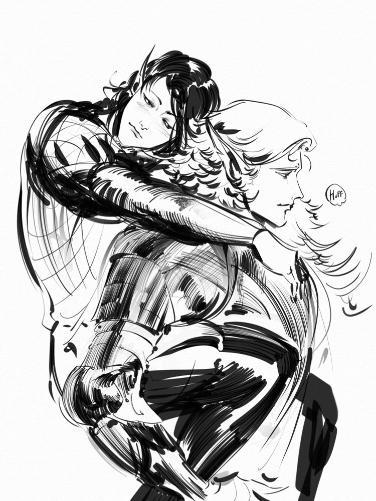 Drawing of two elves, the dark haired one is having a piggyback ride on the light haired one in armor