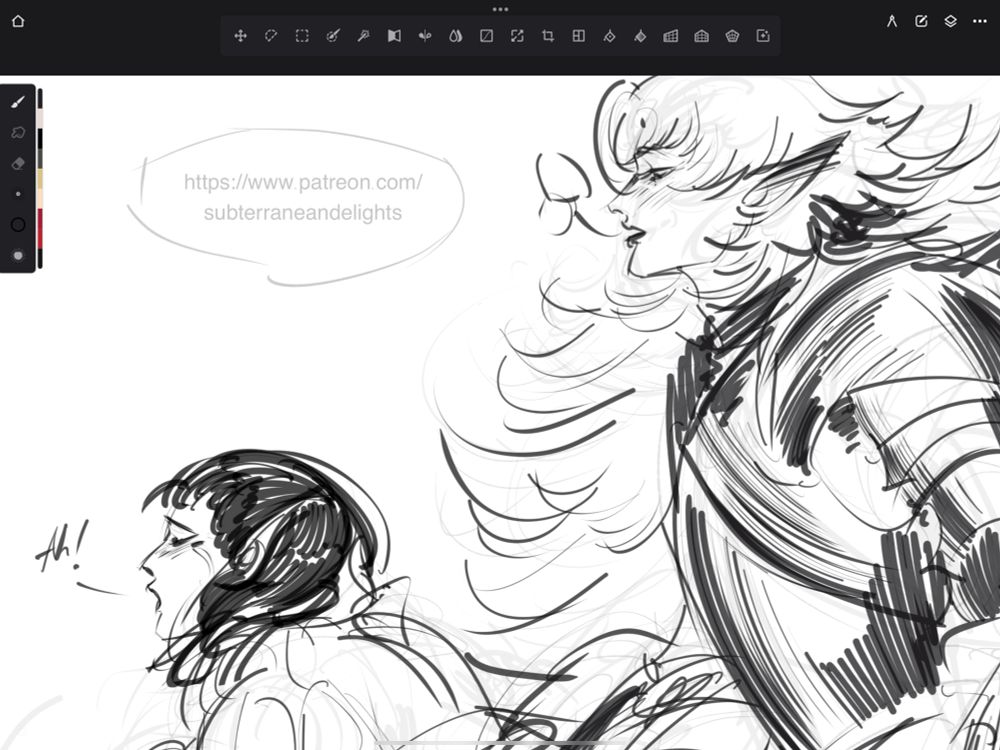 WIP of an NSFW drawing of knight Velli and maiden Caz, with a link to my Patreon: https://www.patreon.com/subterraneandelights