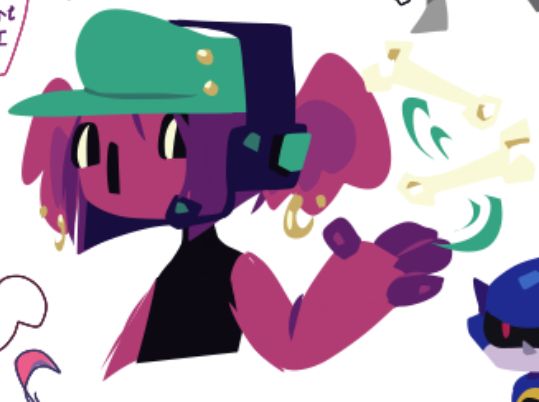 Mulberry, a magenta koala with purple (indigo? violet?) hair, short and cut into a bob style. They have a cool dark blue headset and a cyan cap! They're spinning a wrench around all cool-like. Metal Sonic makes a cameo in the corner, hello buddy pal