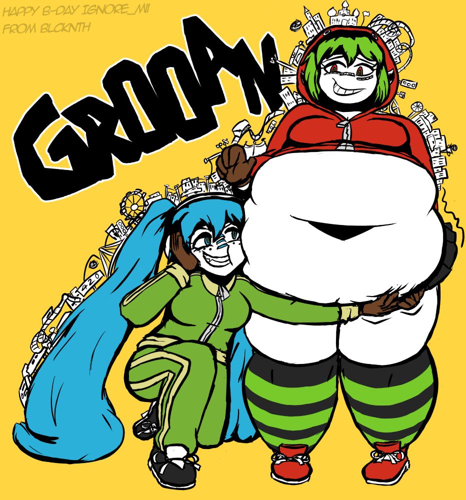 Hatsune Miku gropes GUMI's big fat belly, as seen in the matryoshka music video (trust me bro)