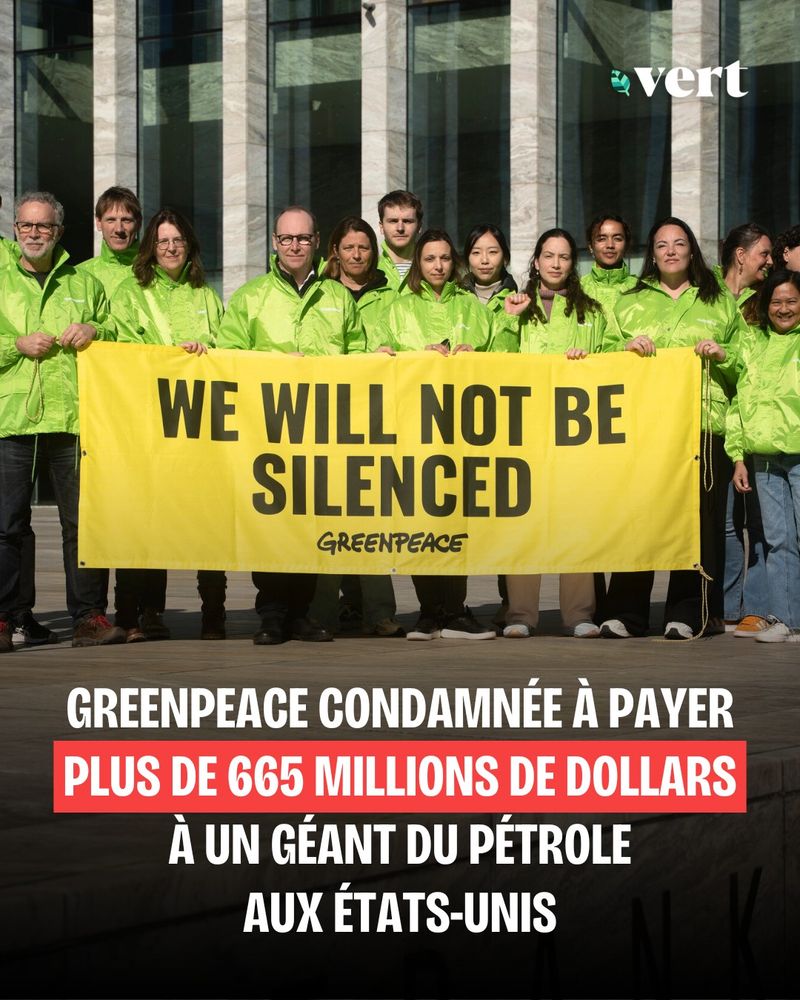 Titre : Greenpeace condamnée à payer plus de 665 millions de dollars à un géant du pétrole aux États-Unis 
Image : Des membres de Greenpeace International et Greenpeace Pays-Bas qui tiennent une banderole "We will not be silenced"