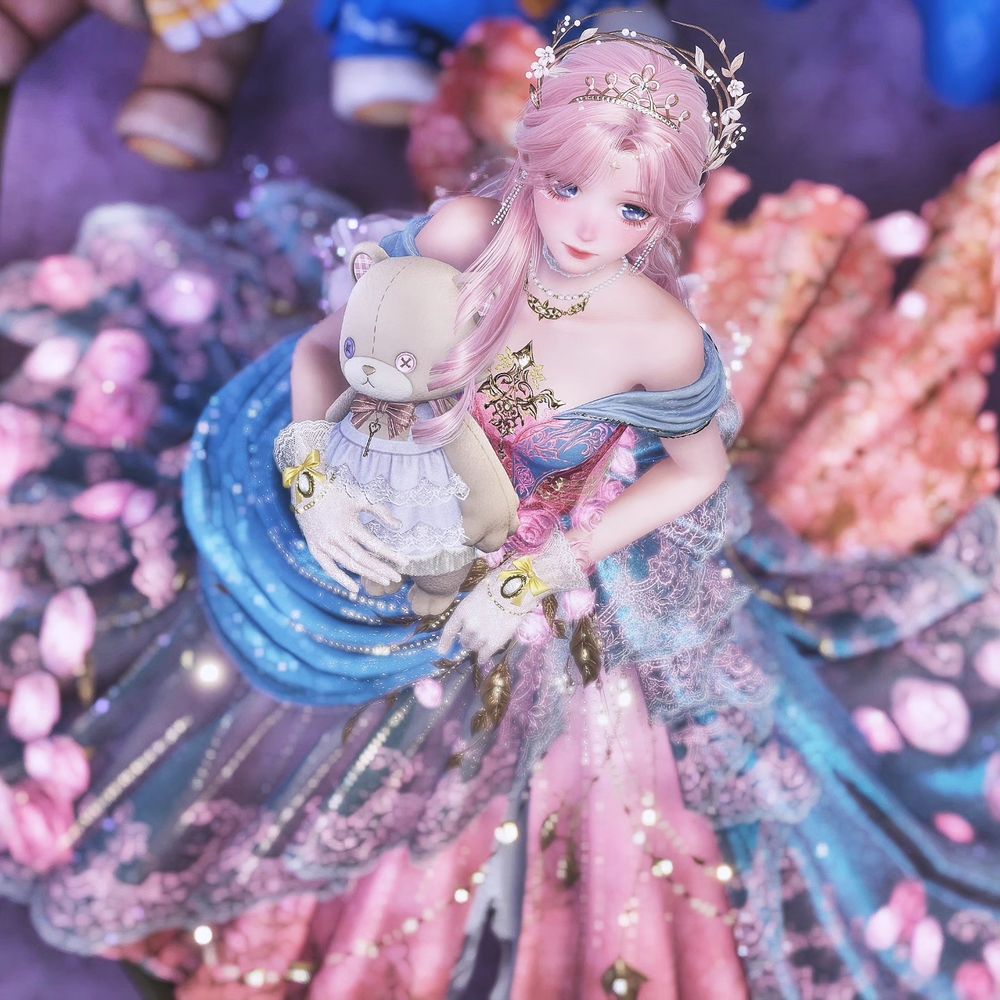 Nikki in a gown that's pink and blue, holding a teddy plushie, representing gilded past team