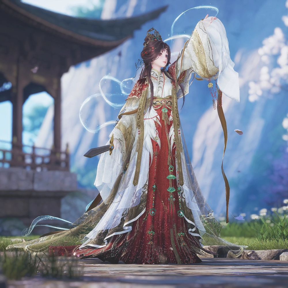 Nikki cosplaying Prince Xie Lian, using white and red robes and lots of accessories