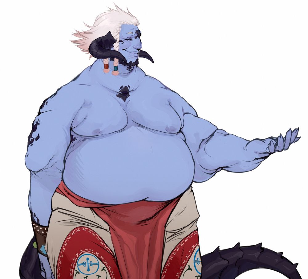 A heavyset au ra man with light blue skin and pink hair. He has a gentle smile.
