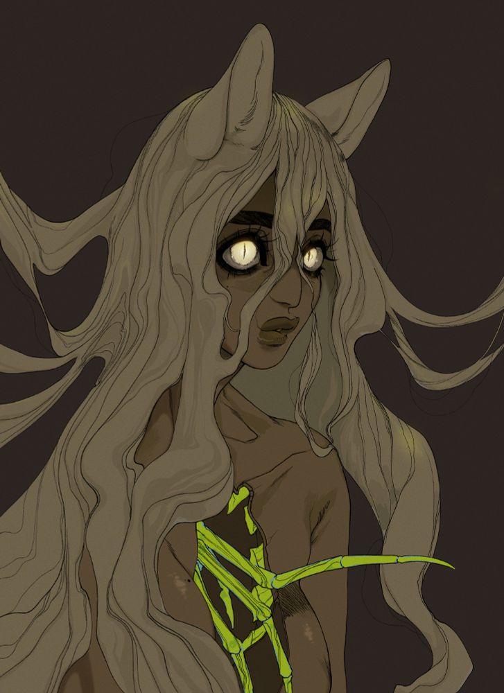 A miqo'te woman, with her torso splitting apart. There is a large, skeletal hand emerging from the void of her body.