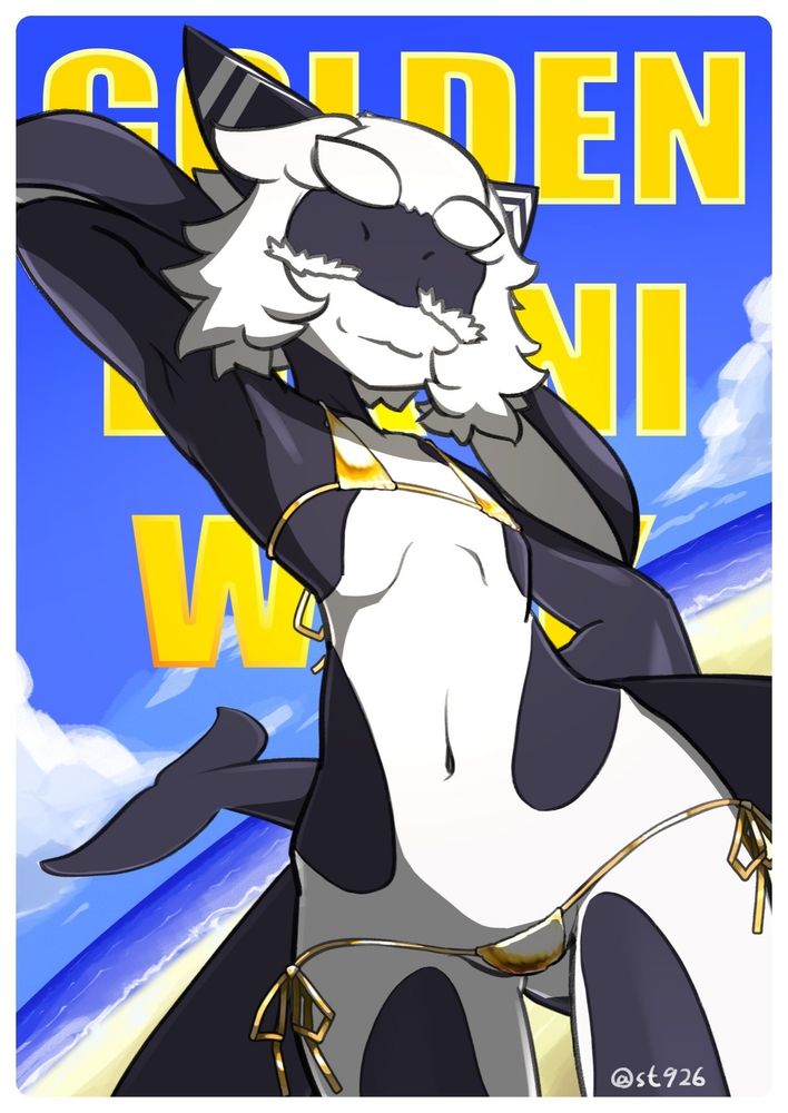 夏らしい海を背景に浜辺でシャチのキャラクターが金色のビキニを着てドヤ顔でポーズを決めている