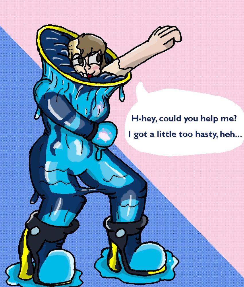 A shot of a woman mostly transformed into Zero Suit Samus thanks to a transformation ring that has encased them in their new suit and form. #TFEveryday #TFSky #Transfur