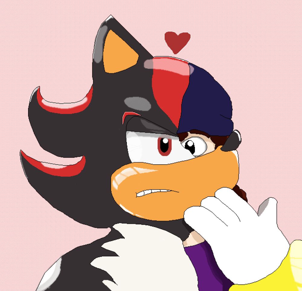 A bust shot of a human woman TF/TGing into Shadow the Hedgehog. She holds a gloved hand up to her face in surprise as more of their body is changed and their new Mobian look overtakes them. 