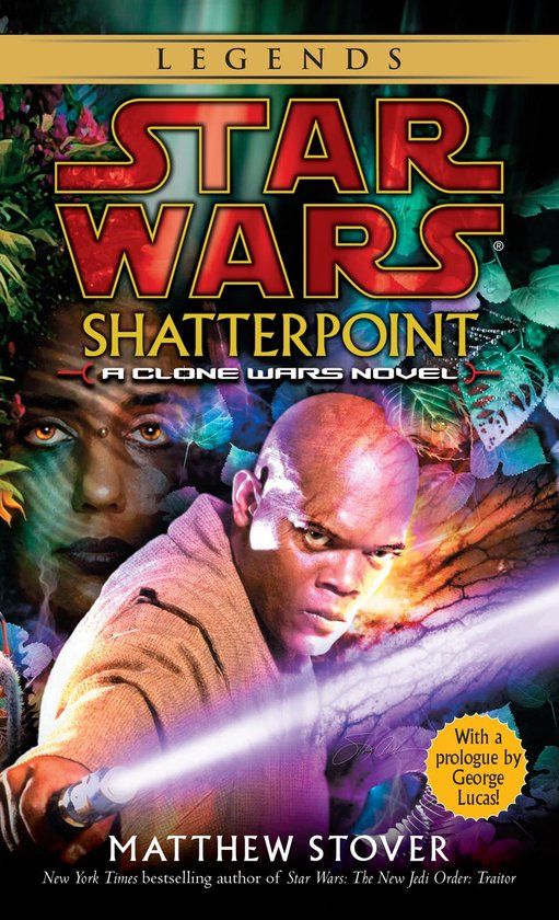 The cover of Star Wars novel 'Shatterpoint'. It seems to be in letter format (or something close to it), standing upright.

Bold colors: golds, greens, reds and purple. Centerpiece is Mace Windu, the proud black jedi wearing a simple light brown robe, looking forbidding towards us while stepping out of a dark, menacing jungle. Our eyes are drawn to his bright purple light saber, which lights everything up with a soft, purple hue. 

In the background we see Depa Billaba (played by actress Dipika O'Neill Joti), whose face is staring at us from the jungle.

There are lots of words on the book cover. At the top on a dull gold strip we have 'Legends'. Below it in huge red letters 'STAR WARS'. Below that in gold 'Shatterpoint'. Below that in white 'A clone wars novel'.

At the bottom in white: "Matthew Stover. New York Times bestselling author of Star Wars: The New Jedi Order: Traitor".

At the bottom right, quasi embossed on gold in black letters: "With a prologue by George Lucas!"