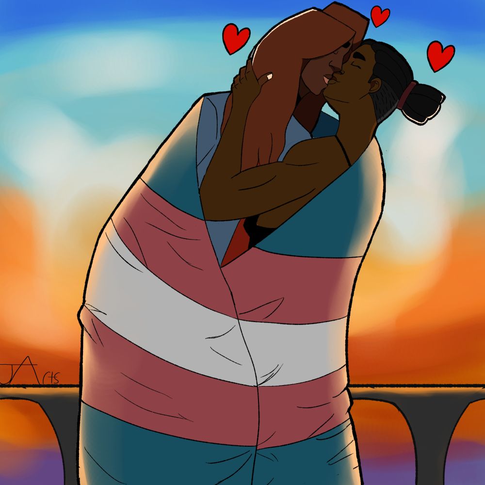 Digital artwork of an African-American couple, whose names are Megan and Morag, kissing each other in front of a sunset. Megan and Morag are OCs belonging to me. 

The man on the left, Morag, has long dark red hair and is wearing a light blue jacket. He leans over the woman as they kiss. Said woman, named Megan, is noticeably shorter than her lover, sporting black hair that is styled in large dreadlocks that end in a wrapped ponytail. She is shown wearing a black backless dress. Wrapped around the couple is the pink, white and light blue flag that represents transgender individuals. 