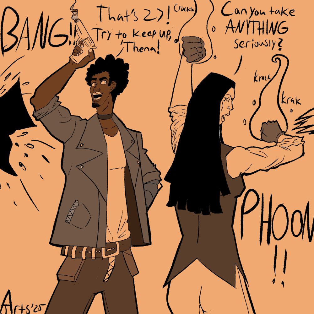 Digital artwork of a scene where my OCs Nick (featured left) and Athena (featured right) talking to each other while fighting some Monsters. Nick is shown with his left arm in the air after firing a round from his revolver while Athena stands with arms raised and her hands covered in a light purple magic. Nick taunts Athena by stating "That's 27! Try to keep up, 'Thena!" to which Athena responds, with an irritated expression:  "Can you take ANYTHING seriously?" 