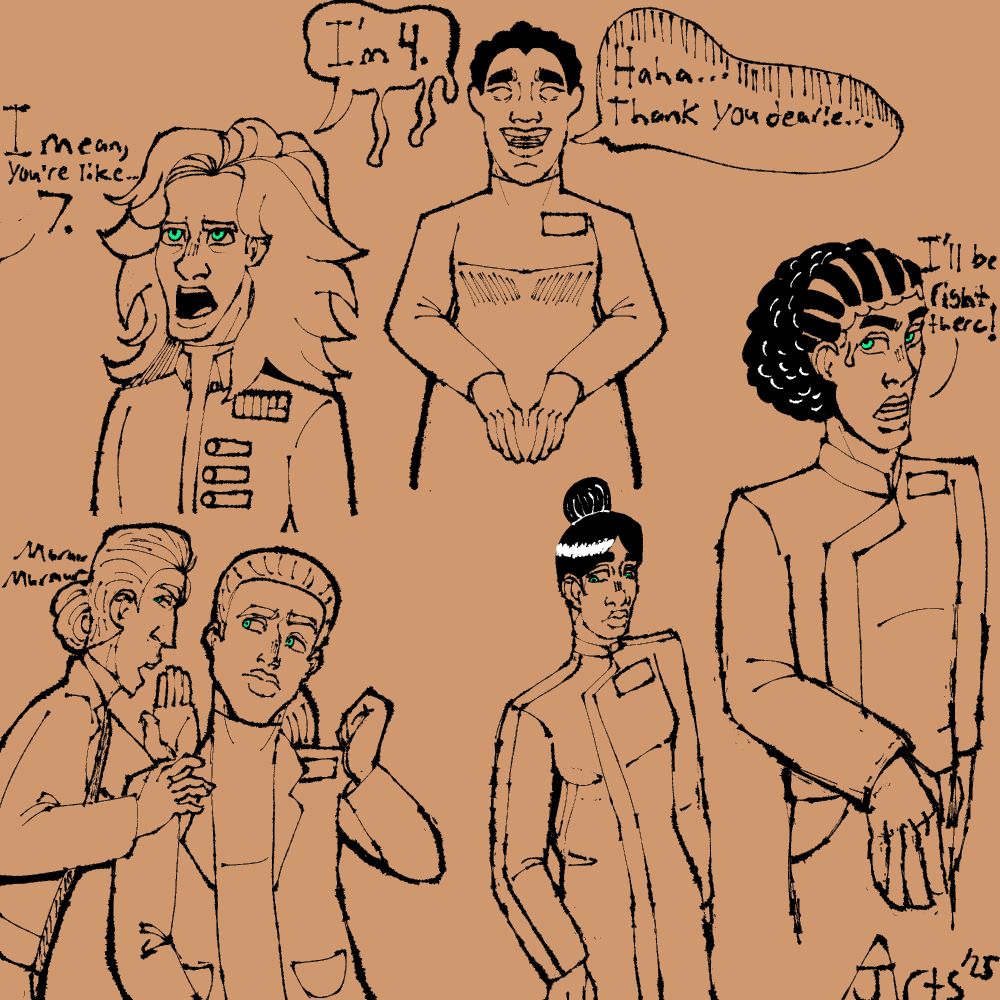 A collection of digital sketches featuring a variety of original characters (OCs). From left to right: A man with long, wavy hair in a militaristic uniform correcting an off-screen character that he is 4. In the bottom left corner are two individuals gossiping, with the woman on the right leaning towards the man whispering into her ear. In the top right is a woman wearing a long sleeved dress nervously saying "Hehe...Thank you dearie..." In the bottom right is a full body sketch of a woman with black hair wrapped in a tight bun wearing a long-sleeved dress. And finally to the very most right is a man with cornrows that in a puffy, wavy ponytail who says "I'll be right there!". All of the OCs present have bright, teal-green irises. 