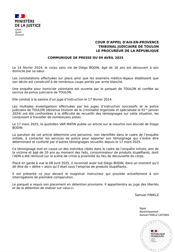 Communiqué du ministère de la Justice et du procureur de la République de Toulon citant Var-Matin comme étant à l’origine de l’avancée d’une enquête vieille de 11 ans. 