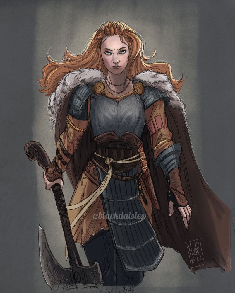 Character drawing from the game God of War, of a red haired woman wearing armour, holding an axe and walking forward