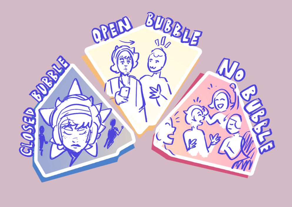 Concept sketch for the bubble mode selection interface for MMS, with the three modes represented by three illustrations showcasing how Red interfaces with her surrounding: ignoring it and focusing on her inner world during Closed Bubble Mode, alternating between self focus and social focus during Open Bubble Mode, and an outright social butterfly in No Bubble Mode.