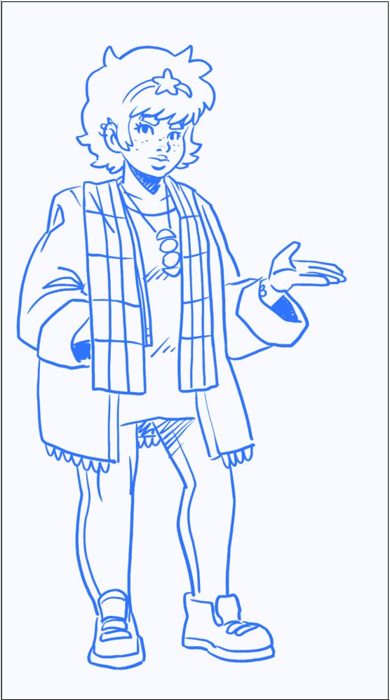 The sketch phase of the Red facing camera uses blue outlines as usual and rough detail (though this one was slightly more than some as I was also figuring out the character while doing it)