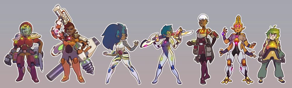 Cast lineup for our tentative project currently WIP titled Cosmemoria, from left to right: Prime (main character), Mayhem, Bolt, Zero, Silver, Aurora and Bee, with Prime and Bolt as main characters in present time and the rest as their younger selves plus other members of their group from way back when