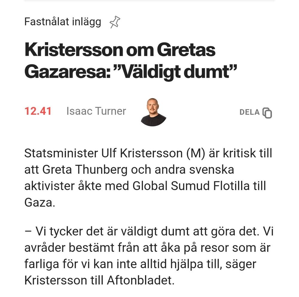 Greta reser med barnmat till svältande barn och Kristersson tycker det är "väldigt dumt" och " vi avråder bestämt från att åka på resor som är farliga"